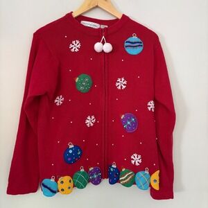 Victoria‎ Jones Christmas Ornament Cardigan Sweater Red Embellished Medium